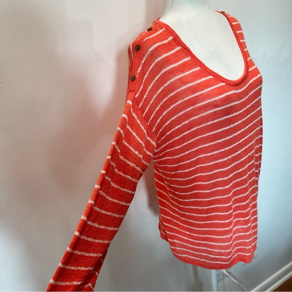 J.Jill Linen Blend Coral Striped Knit Top 3/4 Sleeve Button Accent Womens size M - Picture 4 of 8